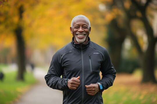 Friendly senior black man running in a park wearing sportswear and a smartwatch - Powered by Adobe