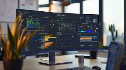 An impressive array of colorful data visualizations spans across a wide computer monitor on a modern desk.