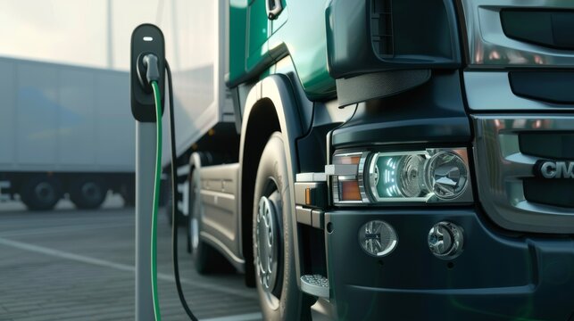 A close-up view of an electric truck plugged into a charging station, highlighting green transportation technology.