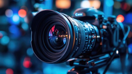 A close-up of a video camera lens, focused on capturing high-quality footage during a live interview shoot, with the studio in the background.
