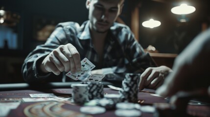 A man intently handling a hand of poker cards, surrounded by poker chips on a dimly lit casino table.