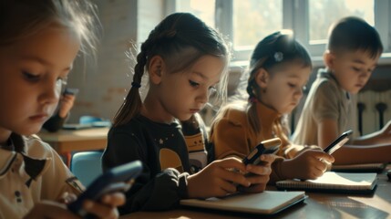 Children intensely engaged with their smartphones in a classroom, surrounded by notebooks, capturing a modern educational scene.