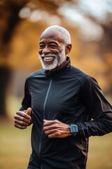Friendly aged african man running in a park wearing sportswear and a smartwatch