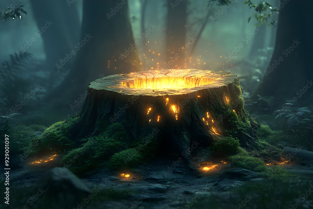Poster mystical tree stump illuminated with glowing sparks in a tranquil forest, creating an enchanting and