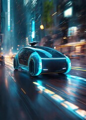 Autonomous vehicle passenger inside moving through traffic sensors inside and outside the vehicle energy waves futuristic