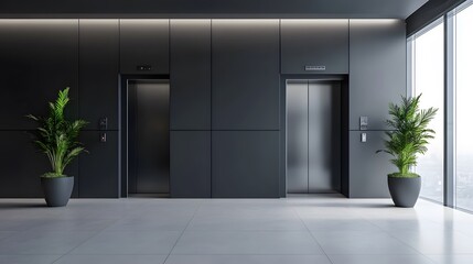 Modern Office Lobby with Two Elevators and Plants