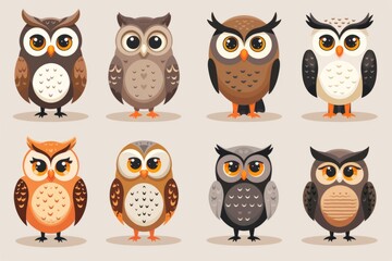 Fototapeta premium Set of cute cartoon owls with big eyes
