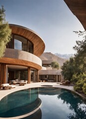 A large flat seamless round swimming pool within a round courtyard of a modern brutalist house in marrakech snowy mountains in the background minimalist wood exterior furniture ultra realistic and 