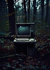 Retro macintosh desktop computer abandoned in the woods dramatic lighting shot on leica dark aesthetic