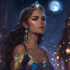 portrait of a celestial being from the night court from acotar book series. give her long brown hair with silver highlights. hazel eyes. set the scene in velaris city of starfall