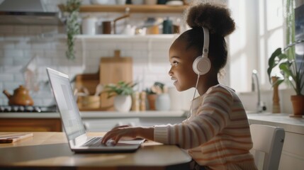 A young girl in a cozy kitchen wears headphones and uses a laptop, deeply focused and engaged in her online learning activity.