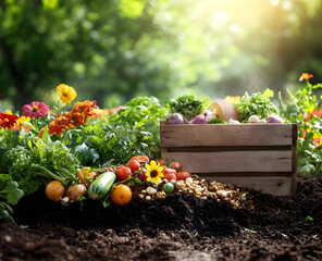 Vibrant garden scene with fresh vegetables and flowers beside a wooden crate, capturing the essence of organic farming.