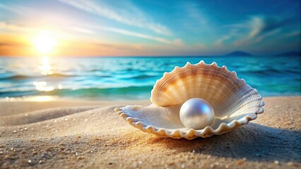 Shell with pearls resting on the ocean floor, shell, pearls, underwater, ocean, sea, marine, beautiful, natural, shiny