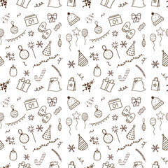 Seamless pattern with New year doodles. Winter holidays, New year party elements. Vector pattern, hand drawn, outline on white background.