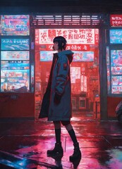 Anime art of ghost in the shell detailed scene red perfect face intricately detailed photorealism trending on artstation neon lights rainy day ray-traced environment vintage 90s anime artwork