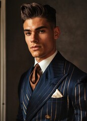 Portrait of handsome young brown lightly wavy pompadour with fade muscled sportsman in navy satin large pinstripe double-breasted suit club tie pompadour haircut