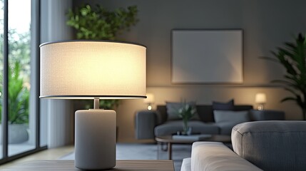 Fototapeta premium A detailed view of a minimalist lamp in a contemporary living room, with a focus on its simple, elegant design and soft light.