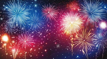 Fototapeta premium A detailed view of fireworks in patriotic colors, bursting with energy and light against the backdrop of a dark night sky.