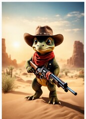 Three adorable and fluffy baby dinosaur with big coloured eyes shootout scene cowboy bandana over mouth western desert with a western village and saloon sandstorm old revolver in hand bright 