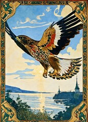 Diving falcon rarog russian folk tales sunlight jets celtic ornament painting