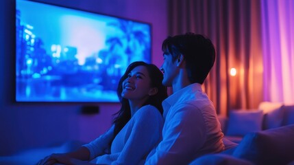 A couple watches a movie in a softly lit room, immersed in the vibrant blue light from the screen