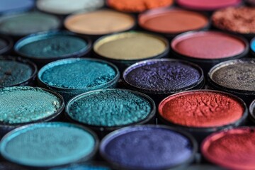 Naklejka premium Makeup palette showing variety of vibrant colorful eyeshadows