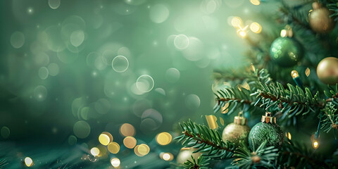 Christmas tree with golden and green ornaments and blurred bokeh lights, evoking a festive and cozy holiday atmosphere.