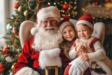 Santa Claus sitting with two happy children in front of a Christmas tree, smiling and holding hands