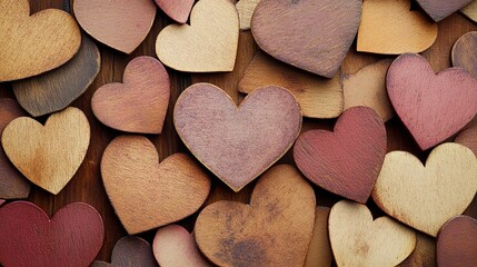 Obraz premium Wooden Hearts: A rustic and heartfelt image of wooden hearts in various shades of red, brown, and beige, arranged on a wooden background. 