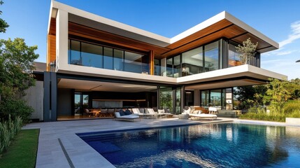 Obraz premium A high-end property featuring a modern swimming pool and sleek architecture, offering a glimpse into luxurious living.