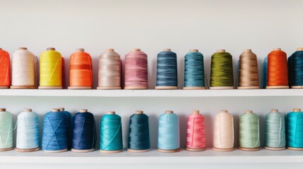 Rows of vibrant sewing threads in a diverse range of colors, meticulously organized on white shelves, representing the colorful world of textile arts.