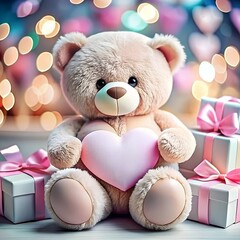 cute beige teddy bear with a heart and gifts on a romantic background with hearts