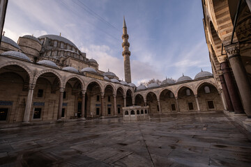 Awesome view of scenic gardens of the Suleymaniye Mosque in Istanbul, Turkey. The Ottoman imperial mosque is a popular destination among pilgrims and tourists of the world.