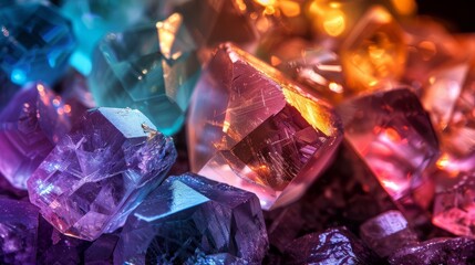 Colorful crystals glowing in bright light at a close-up angle