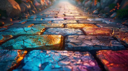 Obraz premium Colorful cobblestone path illuminated by natural light in a serene outdoor setting at dusk