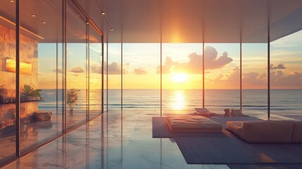 A luxurious beach house with floor-to-ceiling windows, showcasing a breathtaking ocean view, with the sun setting in the distance.