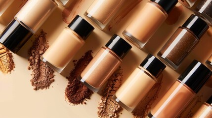 Various foundation shades arranged elegantly on a neutral background with cosmetic powders