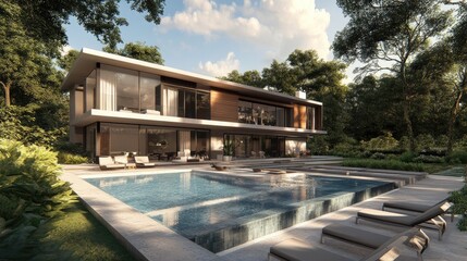 Obraz premium A luxurious property with a sleek swimming pool and modern architecture, showcasing the epitome of upscale living.