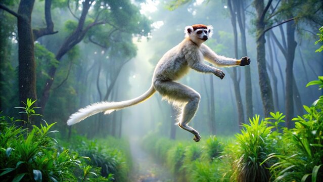 Majestic Verreaux's sifaka leaps through misty forest, its silky white fur glistening, long legs outstretched, as it effortlessly crosses the lush Madagascar jungle landscape.