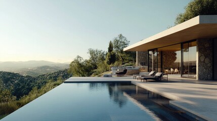 A luxury real estate property featuring a stunning swimming pool and modern architecture, set against a backdrop of beautiful scenery.