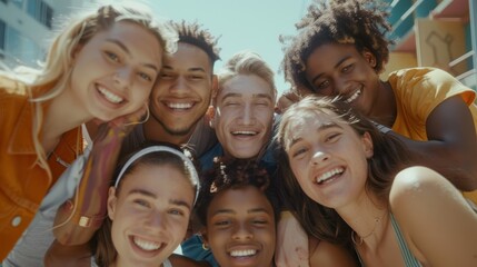 A cheerful group of seven friends enjoys a sun-filled day outdoors, their bright smiles capturing the essence of youthful joy and friendship.