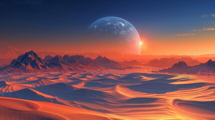Desert landscape under a glowing sky with a massive planet rising at dawn