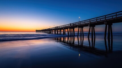 Obraz premium A serene sunset view of a pier reflecting on calm waters.
