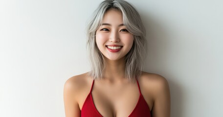 The Asian model woman showcases a range of expressions, from friendly smiles to serious looks, with red outfits and nuanced lighting enhancing the visual harmony.