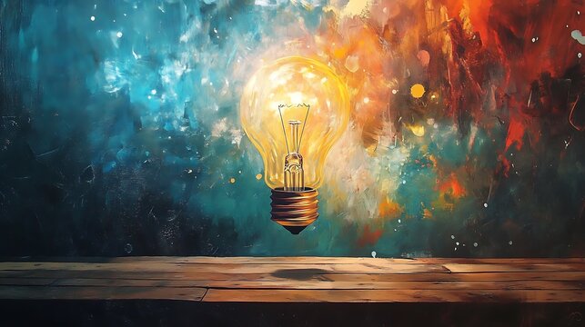 Illuminated Lightbulb Against a Painted Background