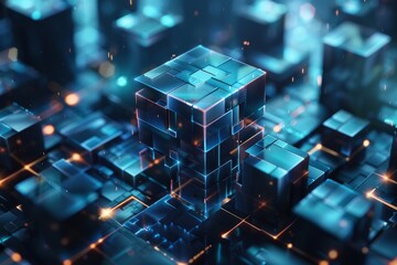 Complex cube structure forming from glowing cubes in technological space