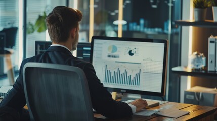 A professional man engrossed in examining graphs on a large desktop monitor, reflecting his intense work ethic and attention to detail.