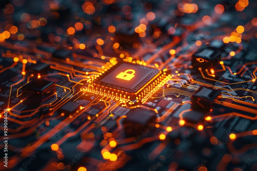 Poster cpu being secured with padlock icon on circuit board