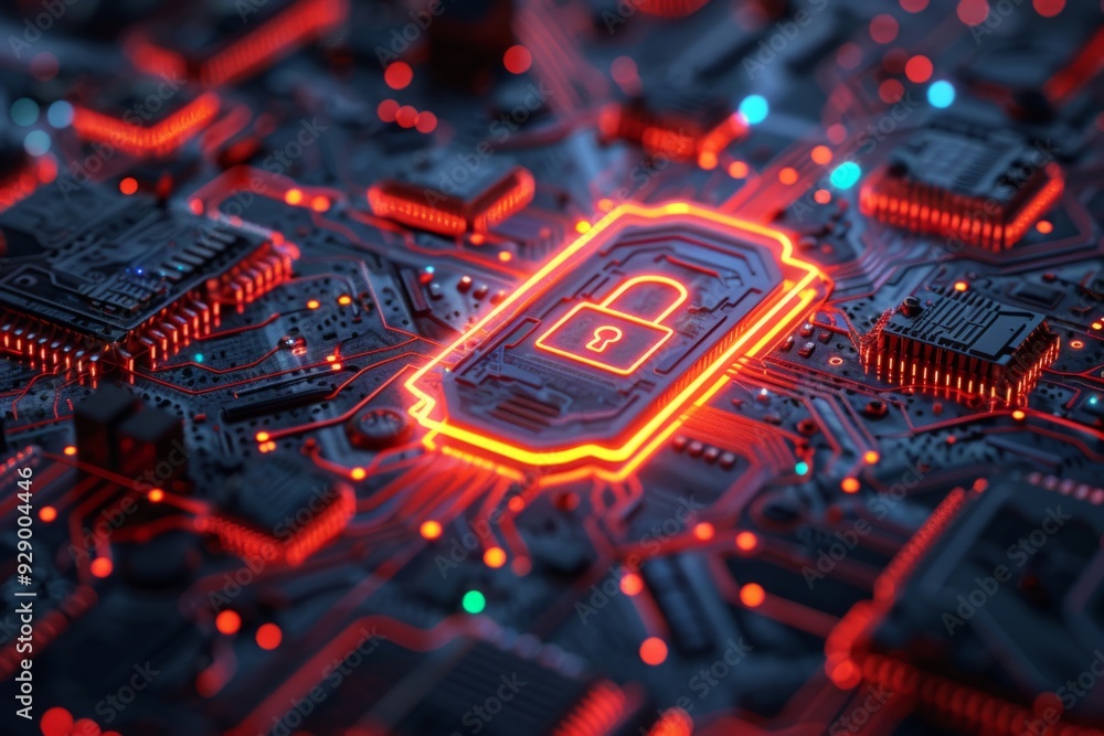 Poster cpu being secured with padlock icon on circuit board