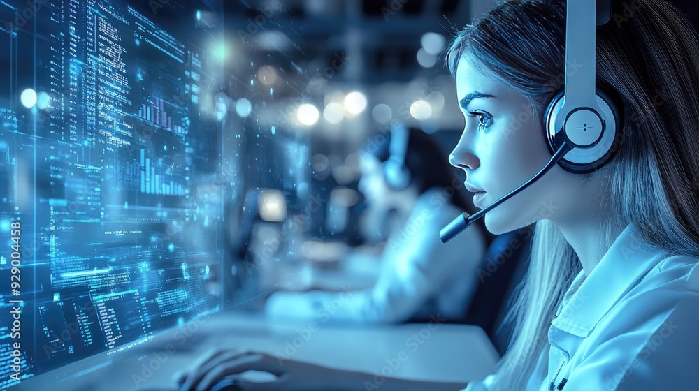 Poster a modern call center environment with agents wearing advanced headsets, designed for clear and unint